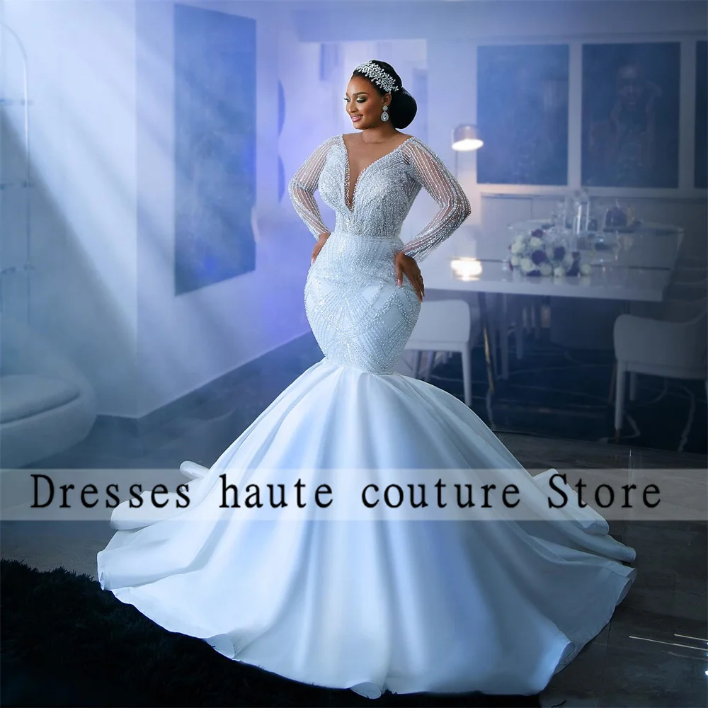 

Customized Long Sleeves Bead Lace Mermaid Wedding Dresses Women 2025 Aso Ebi Luxury Organza African Bridal Gowns
