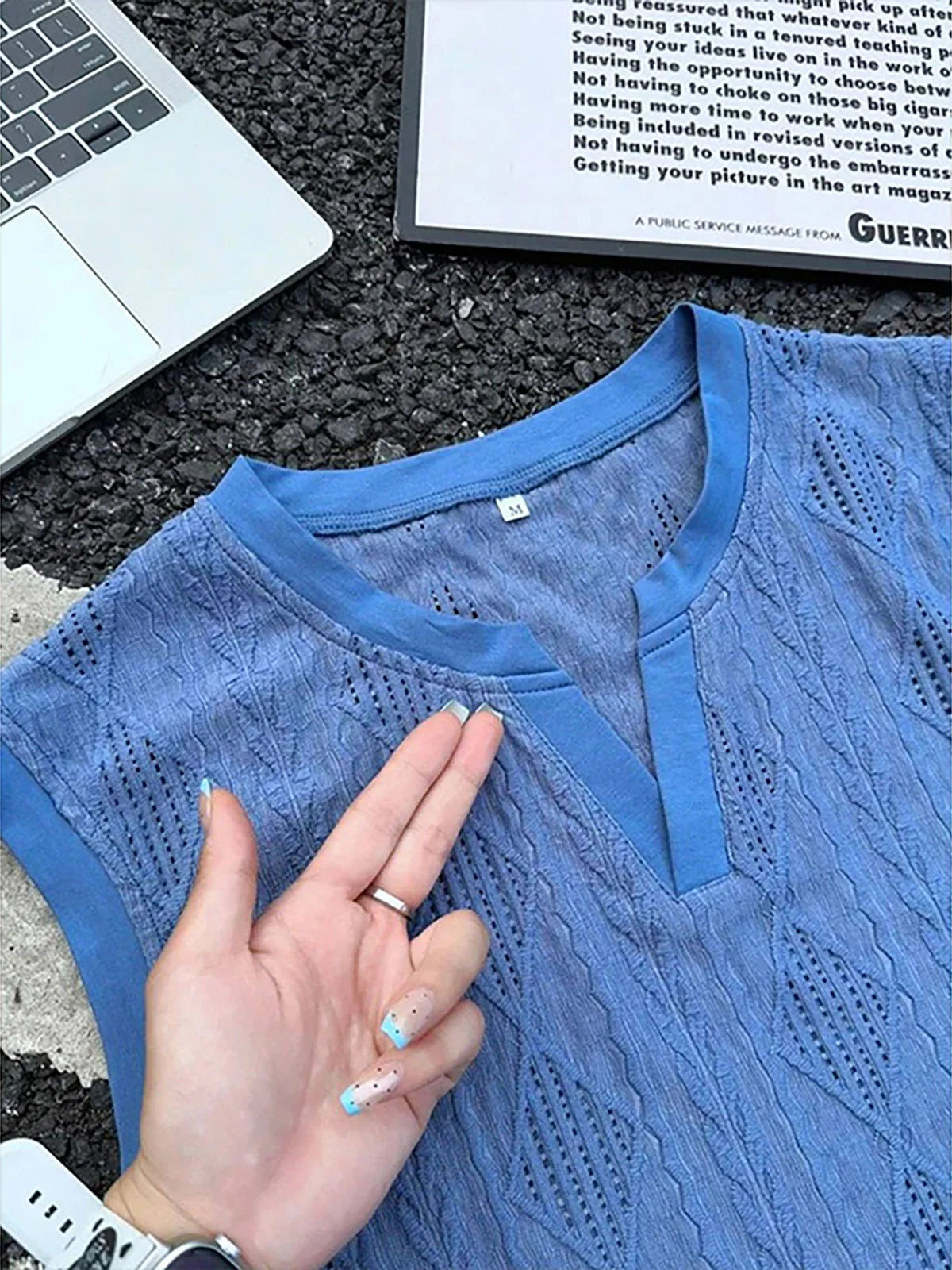 Men's Summer Knitted V-neck Sweat Vest Breathable Sleeveless T-shirt Shoulder Pad Sporty Style Casual Fashion Youth Trend