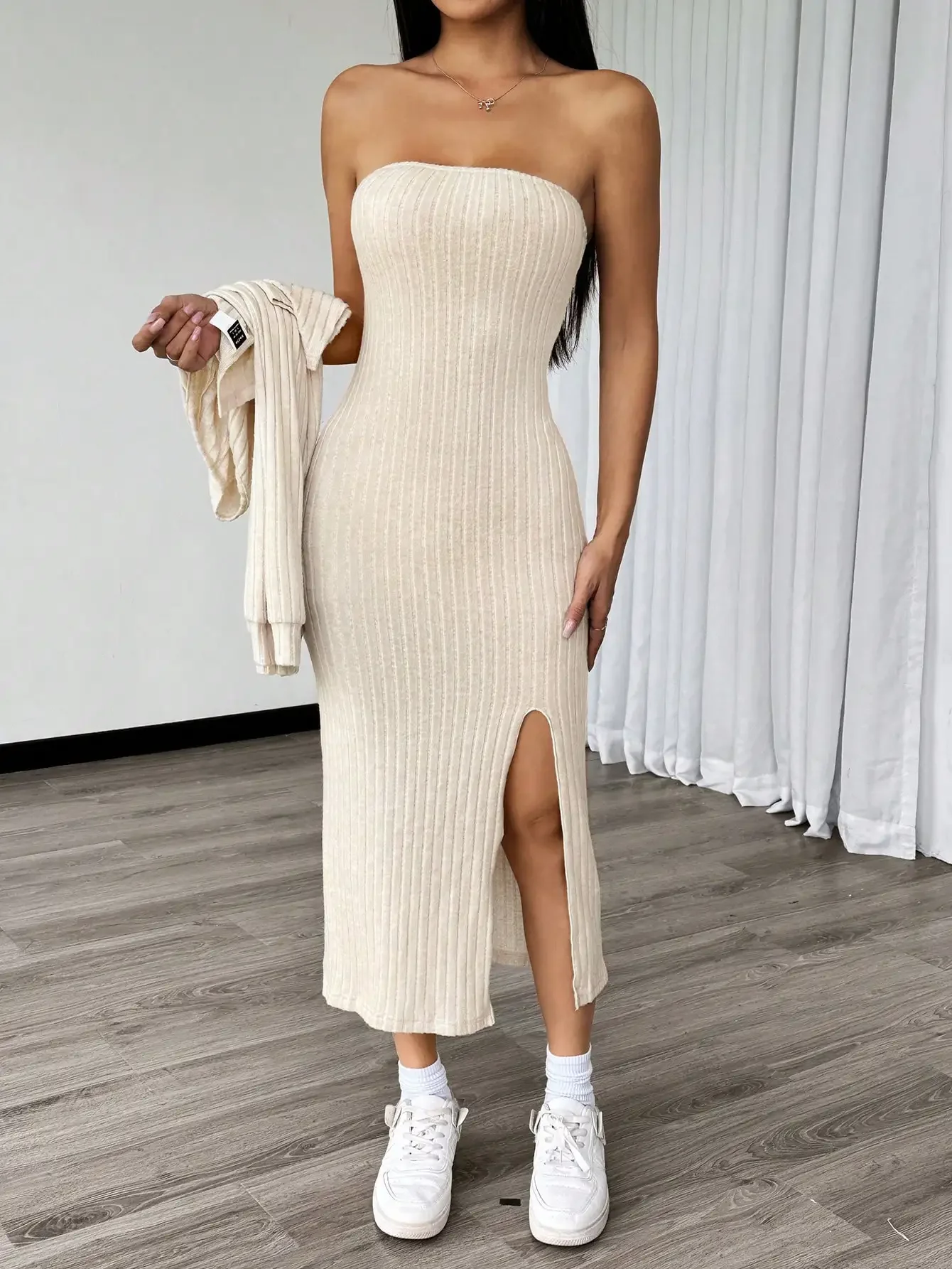 Effen bodycon-jurk met asymmetrische zoom en open jasje aan de voorkant, pure kleur open split, strakke pasvorm jurk en open jas aan de voorkant