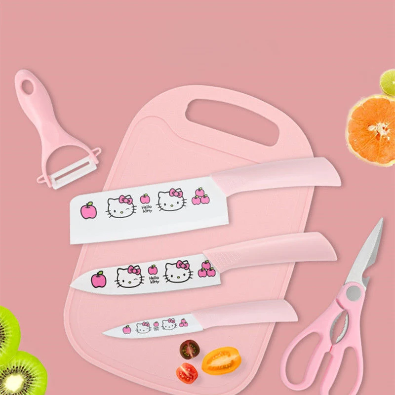 5Pcs Hello Kitty Knife Set Sanrio Anime Figure Easy To Clean Stainless Steel Chopping Board Household Kitchen Birthday Gift