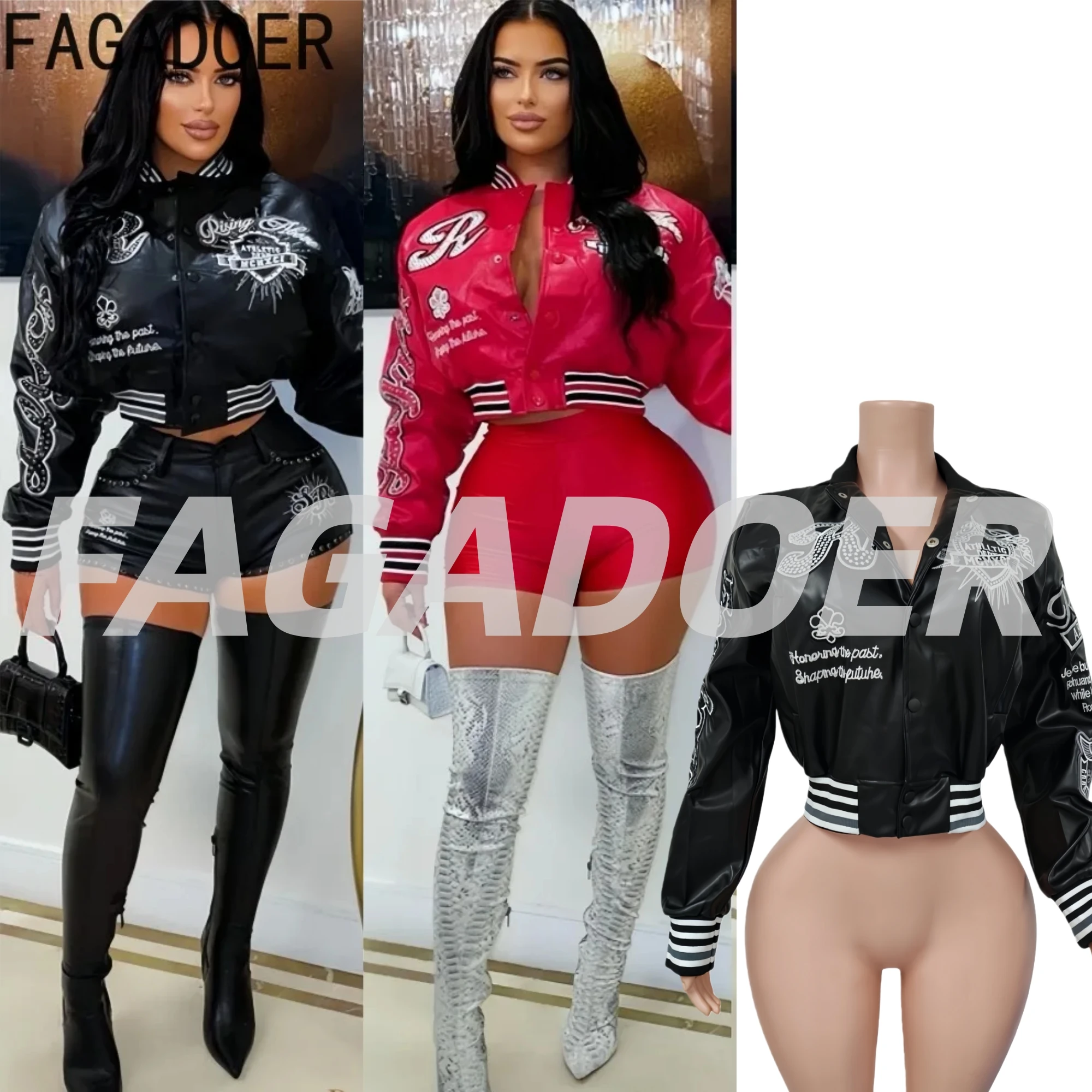 FAGADOER Fashion Leather Patchwork Bodycon Jacket for Woman Letter Embroidery Long Sleeves Crop Top Female Streetwear Clothing