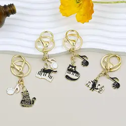 Cute Enamel Keychains Black Cat Music Note Piano Pet Key Rings For Women Men Musician Friend Gift Handbag Decoration Jewelry