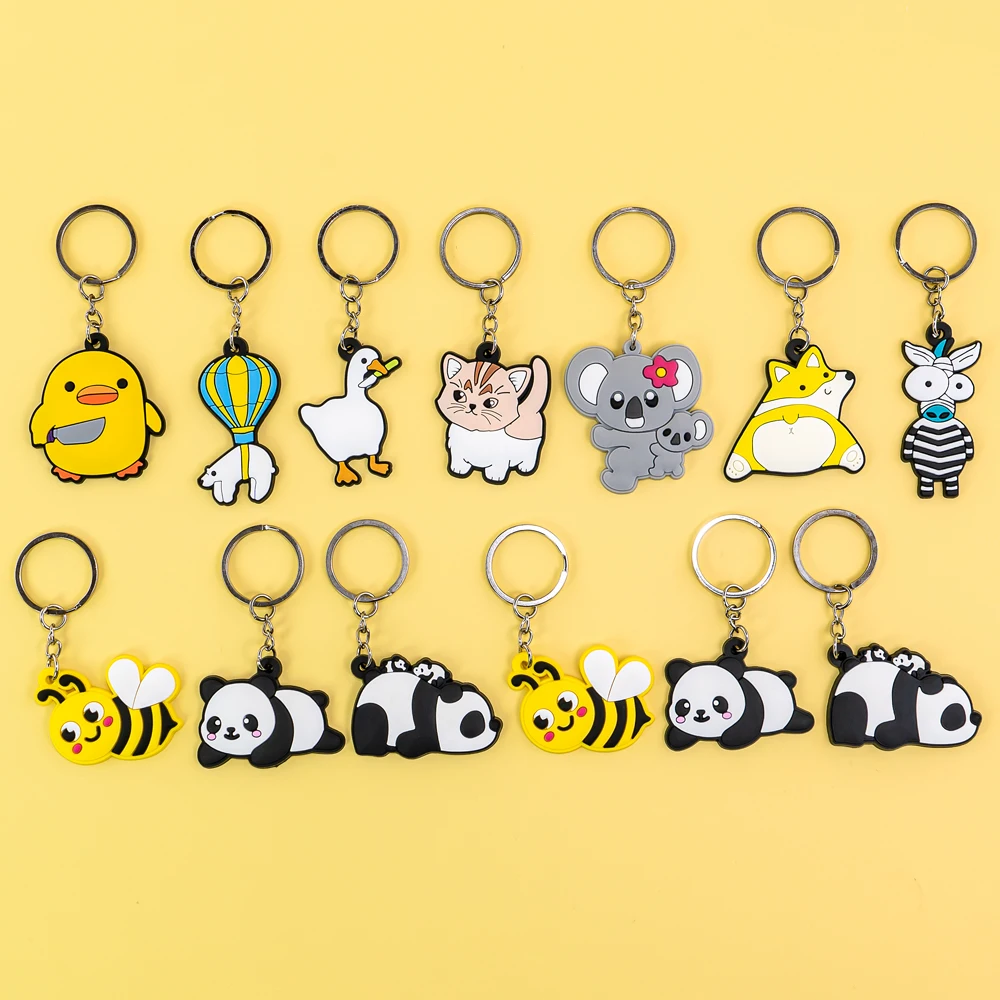 1/11PCS Funny Animals Keychain Girl\'s Ruddy Duck Pandas Corgi Key Ring Bad Bunny Cat Key Chain Backpacks Fittings for Women Kids