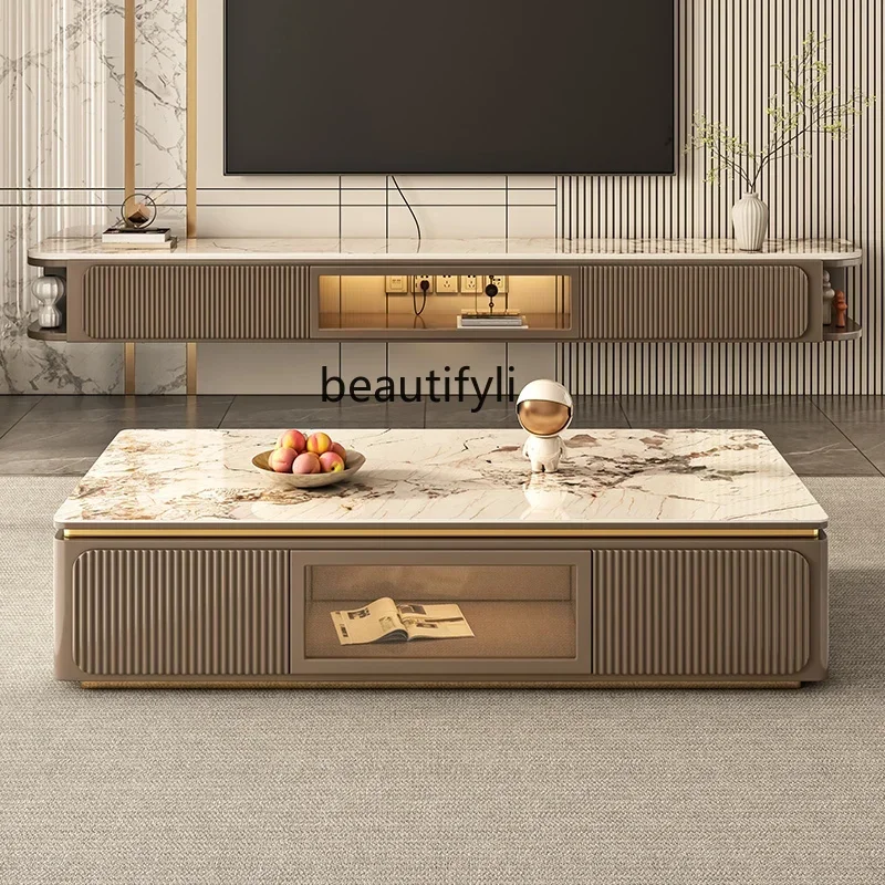 

Light luxury rock slab coffee table suspended TV cabinet combination suspended floor cabinet hanging living room furniture