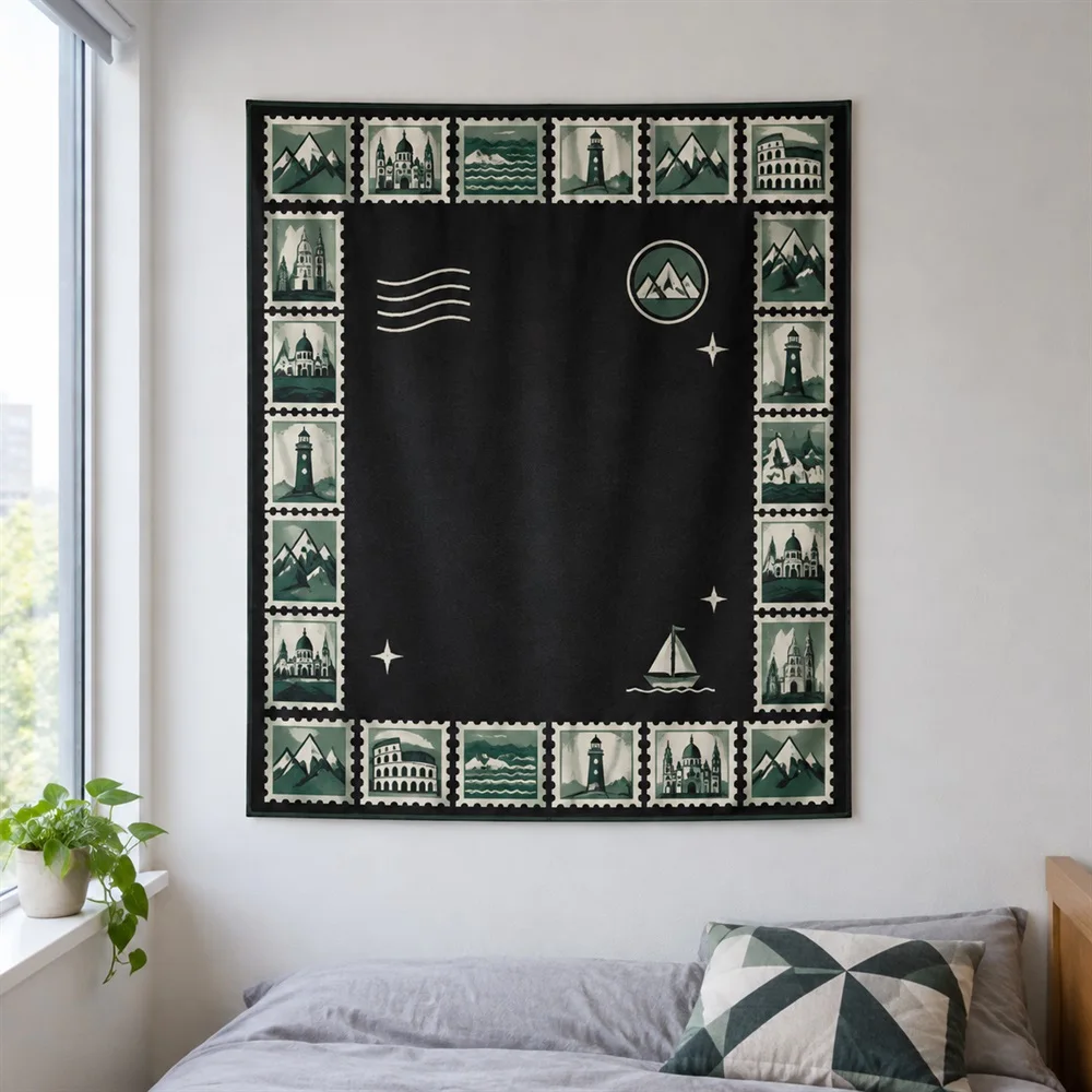 VIKAMA Vintage Travel Stamps Tapestry Wall Hanging, HD Print Wall Art, Retro Travel Decor for Study Living Room Bedroom Office