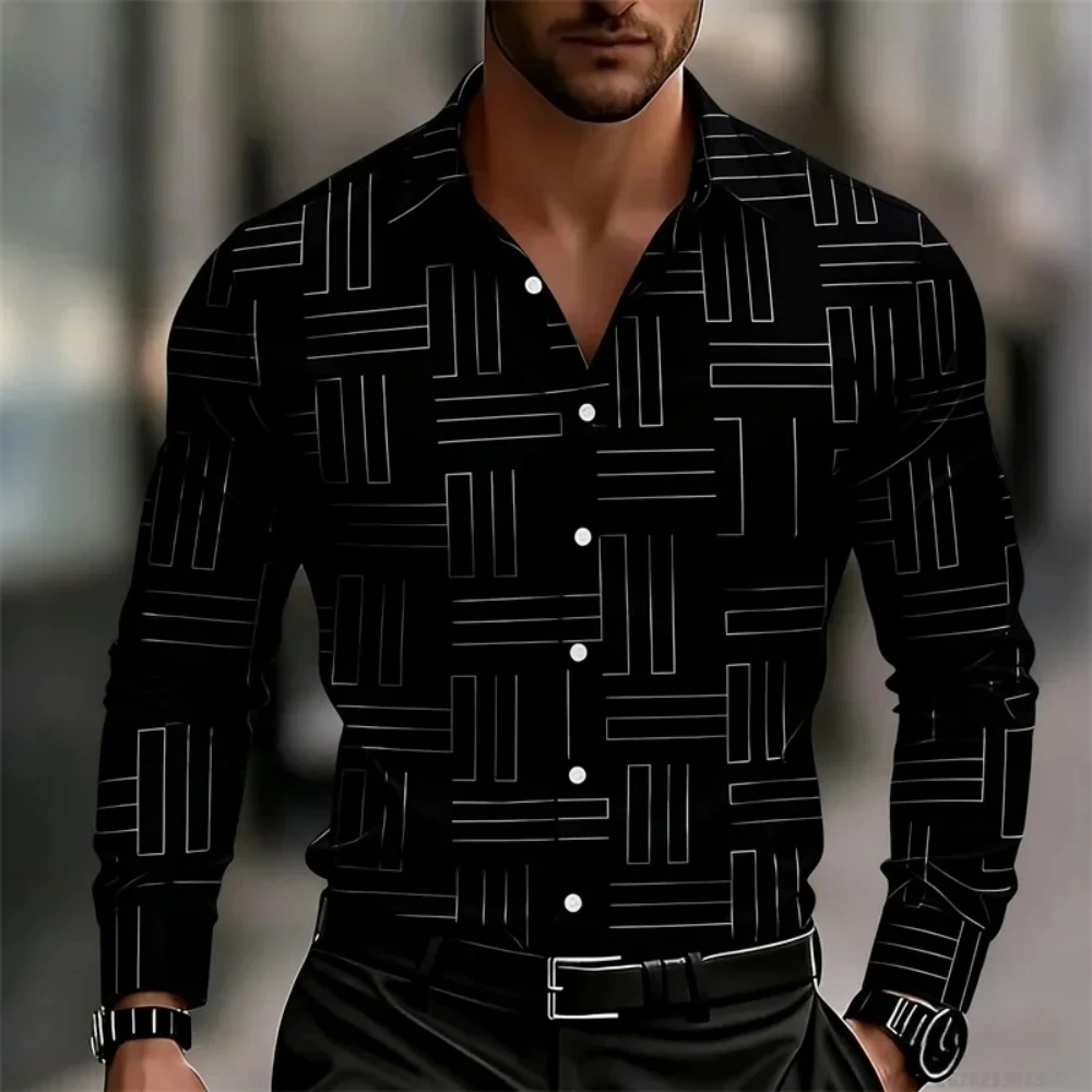 

Men's Casual Long-Sleeve Slim Fit Black Striped Geometric Pattern Stylish Business Casual Formal Shirt Fashion Outdoor Men's Top