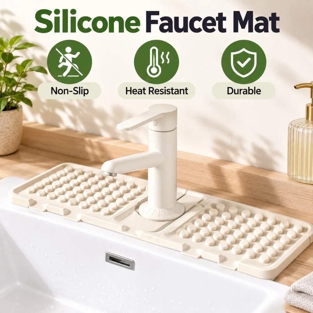 Draining Mat Foldable Silicone Faucet Mat Non-Slip Heat Resistant Sink Splash Guard Adjustable Durable Splash-Proof Mat Bathroom