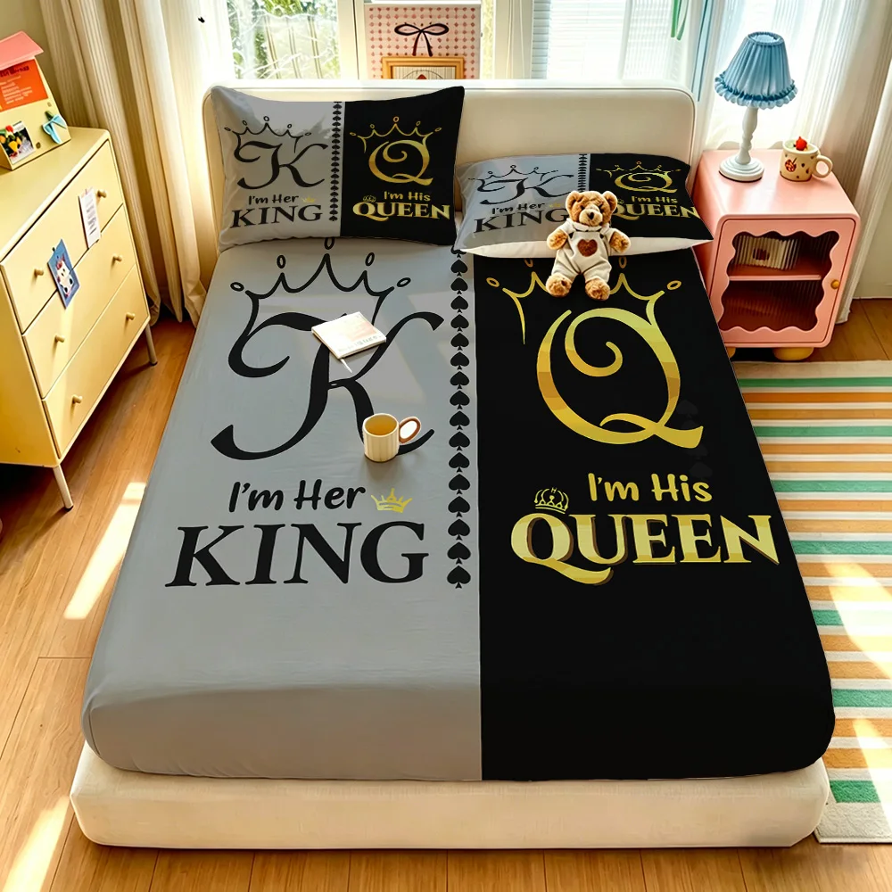 Juego de Sábanas Ajustables His Her King Queen Crown de 3 Piezas, Ropa de Cama Romántica para Parejas, Fundas de Almohada de Microfibra Suave, Gris y Negro
