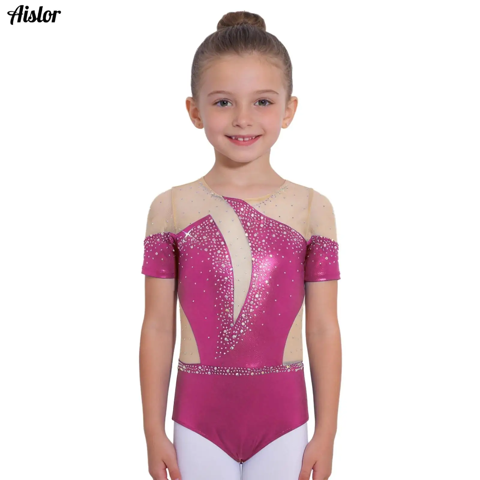 

Kids Girls Figure Skating Dance Leotard Short Sleeve Cutout Back Sheer Mesh Patchwork Shiny Rhinestones Metallic Ballet Bodysuit