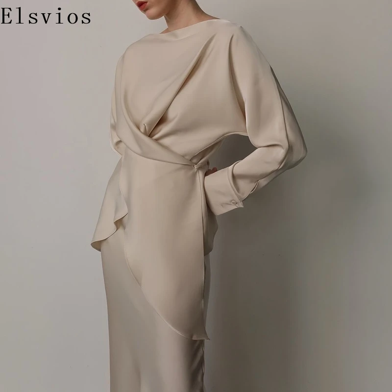 

Temperament Solid Satin Women's Set Fashion Long Sleeve Two Piece Outfits New Elegant Lace-up Blouse Top and Long Skirt Suit
