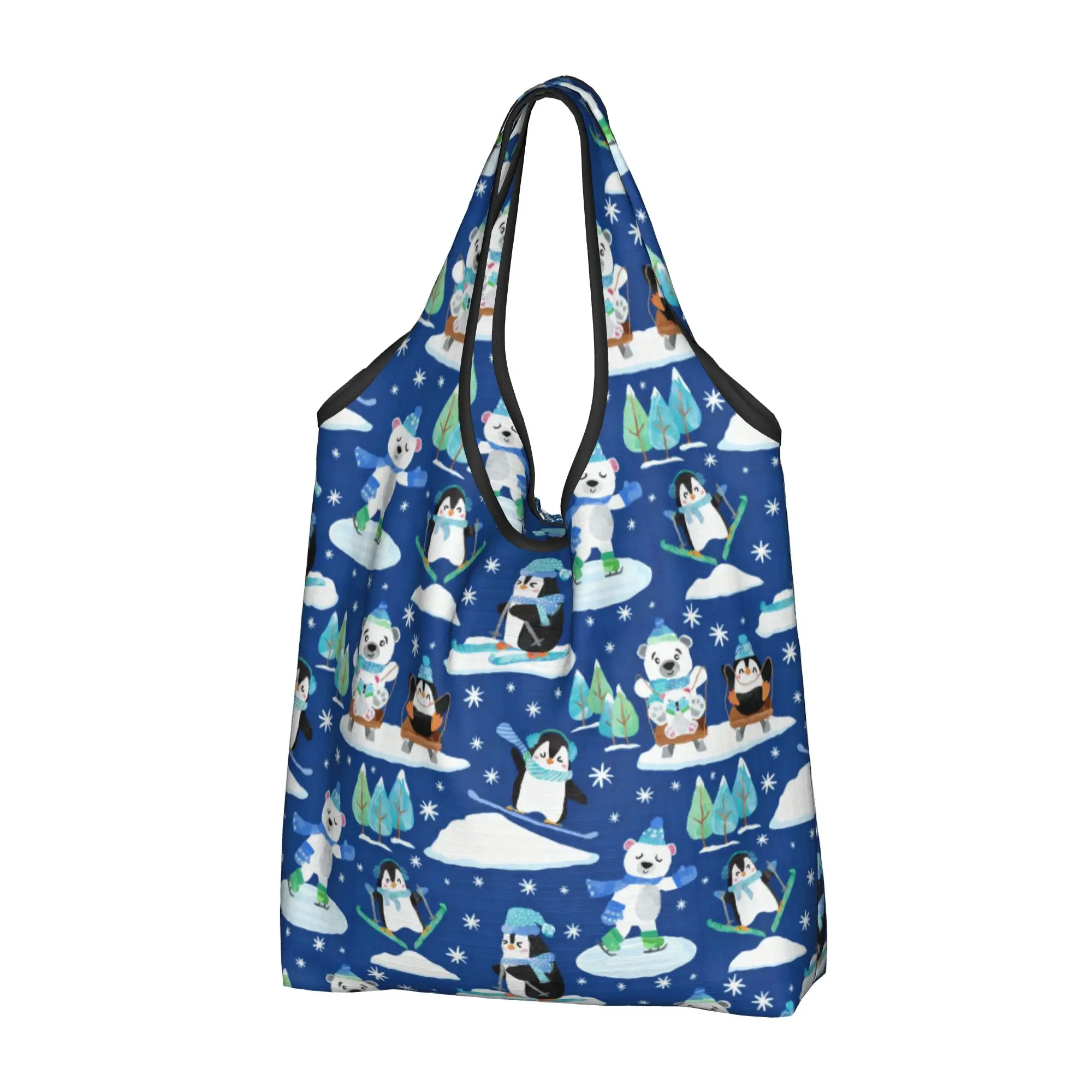 Custom Cute Penguin Polar Bear  Shopping Bags Women Portable Big Capacity Grocery Winter Sports Dark Blue  Tote Shopper Bags