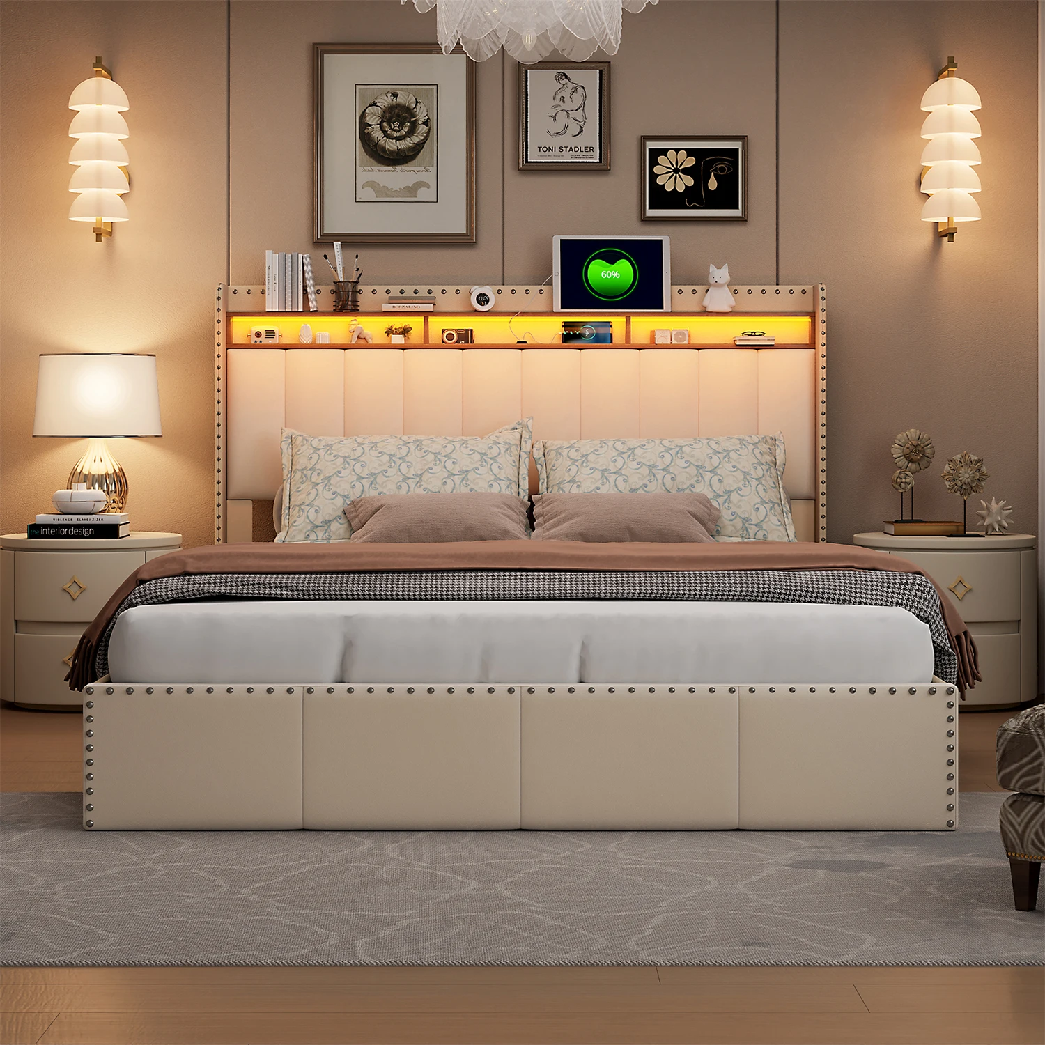 Modern Upholstered Bed, Air Pressure Bed Frame with Large Capacity Storage, LED Double Bed for Bedroom, without Mattress