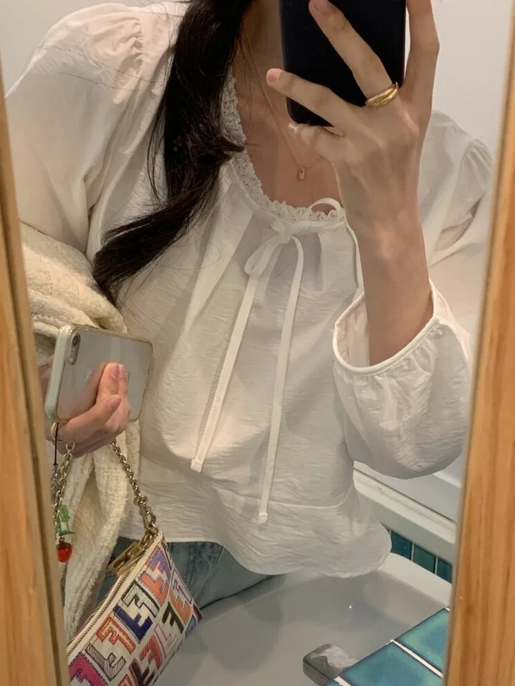 Ch�ng Dongdaemun Spring Summer New Style Women's Short Bubble Sleeve Shirt Lace Trim Collar Bow Tie Korean Style Top
