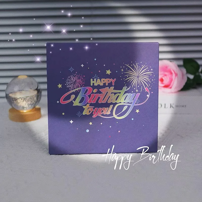 3D Pop Up Music Happy Birthday Greeting Card Creative Fireworks Light Birthday Cards Surprise Gift