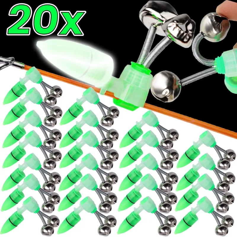 2/20pcs Sea Rod Bell Alarm Light Fishing Rod Bell Rod Clamp Tip Clip Bells Ring Indicator Outdoor LED Night Fishing Accessories