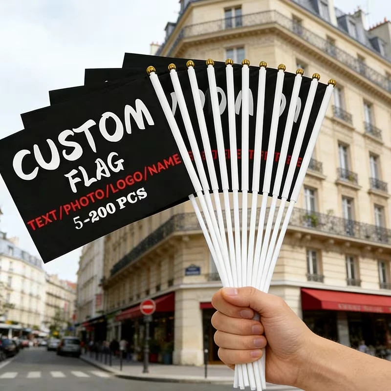 5/ 50/ 100/ 150/ 200pcs Custom Waving Flags, Stick Flags, Handheld Flags with White Poles, for Team Events, Holiday Home Decor