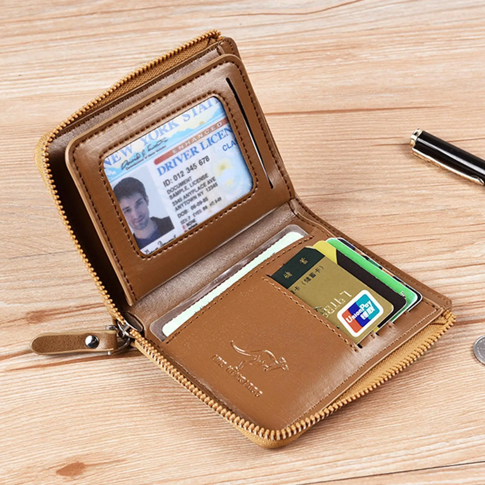 محفظة بسحاب من الجلد الطبيعي للرجال، تصميم قديم مع نافذة لبطاقة الهوية وجيب للعملات المعدنية، محفظة ذات سعة كبيرة للبطاقات النقدية