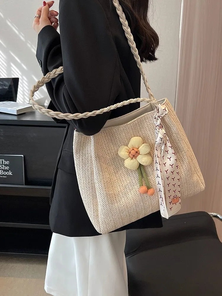 Tote Bag Fashion Canvas Totes Straw Flower Portable Beach Shoulder Shopping Casual Beach Bag Large Capacity Handbag Wholesale