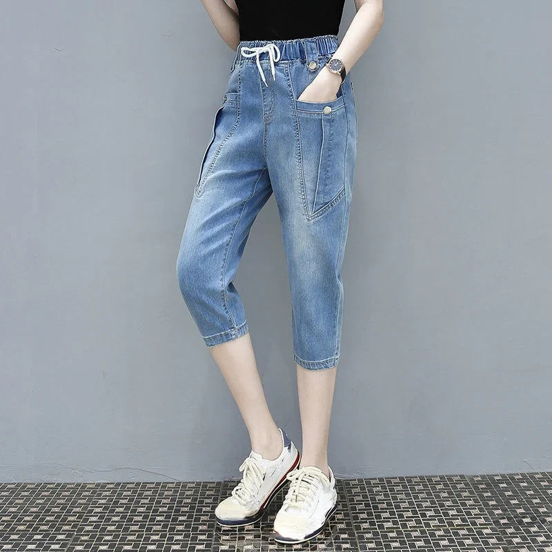 2023 Women Jeans Korean Fashion Slim Elastic High Waist Harem Trousers Cropped Pants Summer Breeches Shorts Female Bottoms