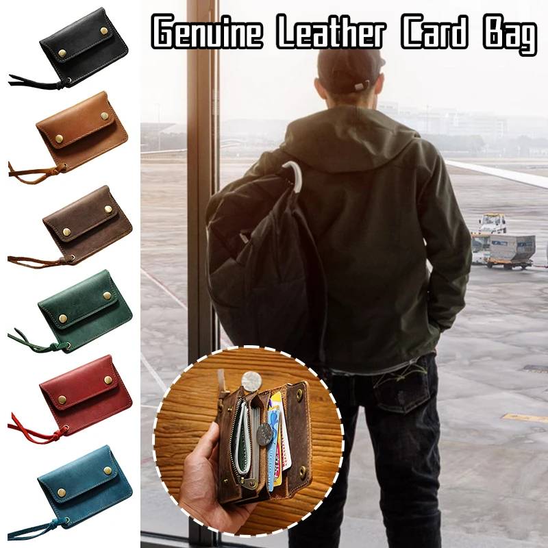 100% Genuine Leather Wallet Vintage Handmade Short Wallet Unisex Card Holder with Zipper Coin Pocket Small Purse Bag for Men