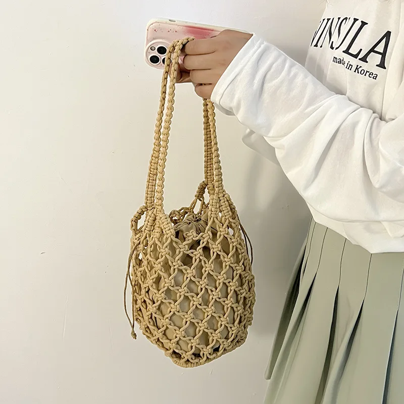 Sommer Strand Tasche Für Frauen Mesh Seil Gestrickte Eimer Schulter Taschen Reticulate Hohl Reise Shopper Totes Damen Mode Handtasche – Detail 8