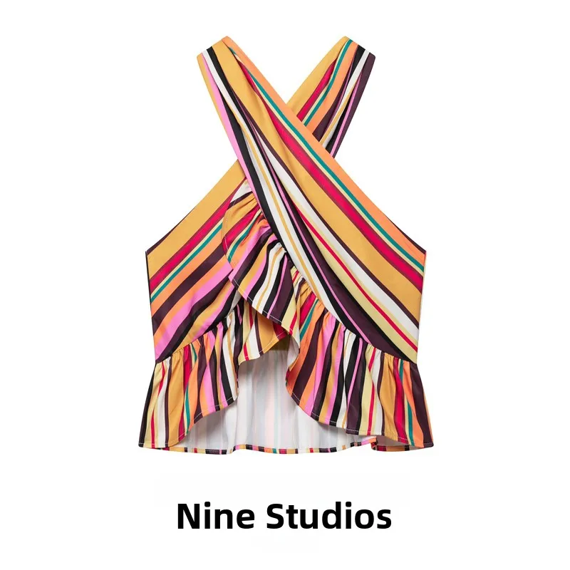 NINE ZAR Blusa de Verano Casual de Moda para Mujer, Sexy, Corta, con Rayas, Hombros Descubiertos, Tirantes Cruzados, Top con Encaje Floral