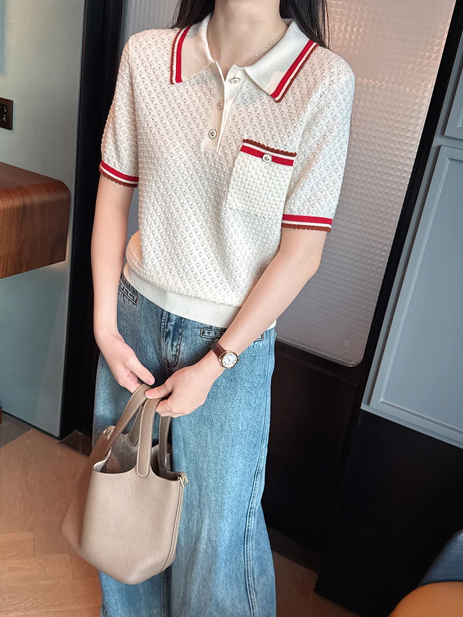 

Шелково-шерстяная вязаная футболка в корейском стиле с полосками, карманом и вырезами, свободного кроя, с коротким рукавом, однотонная