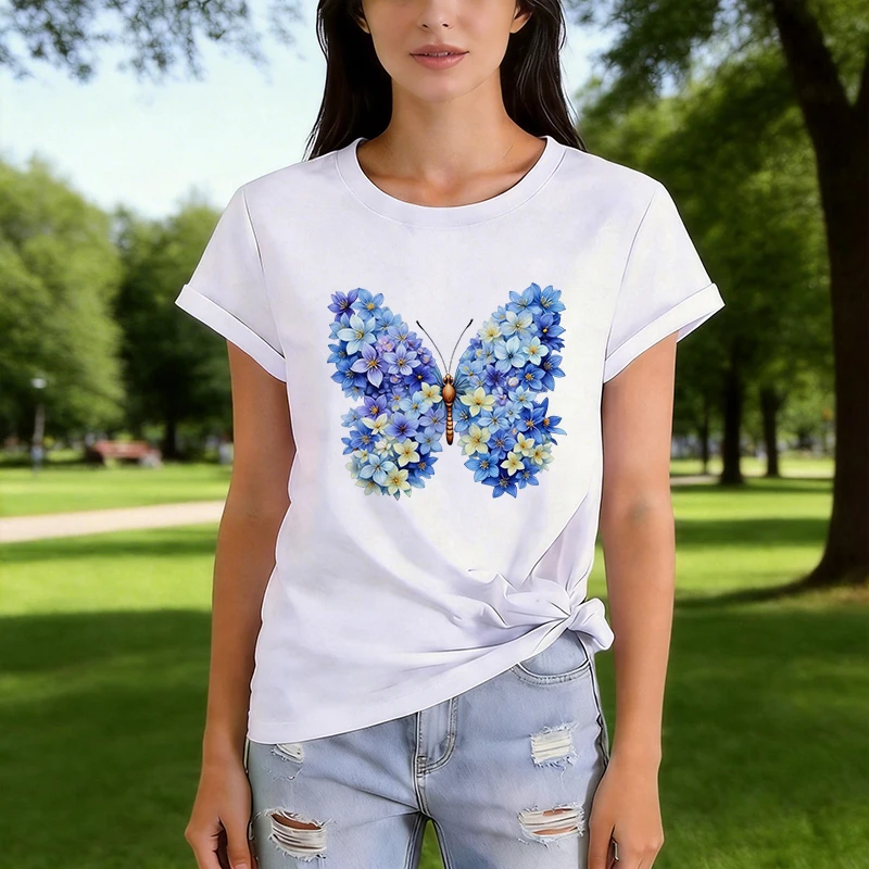 Women's Color Block Butterfly Printed Short Sleeve T Shirt Regular Casual Graphic T-Shirt 90s Vinatge Tees Tops Tshirt Clothes