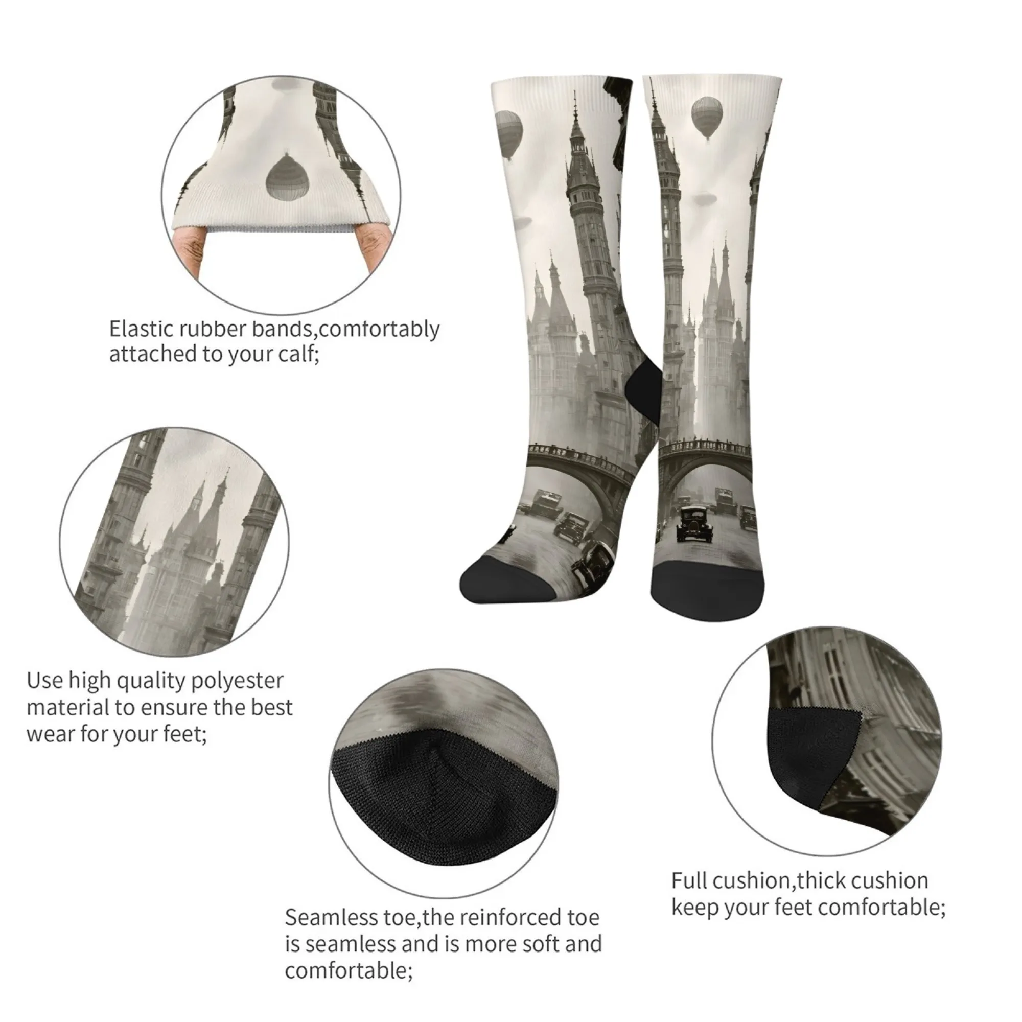 Harajuku retro preto e branco cidade nostálgica paisagem impressão meias masculinas romance tendência de rua estilo futurista meias casuais presente