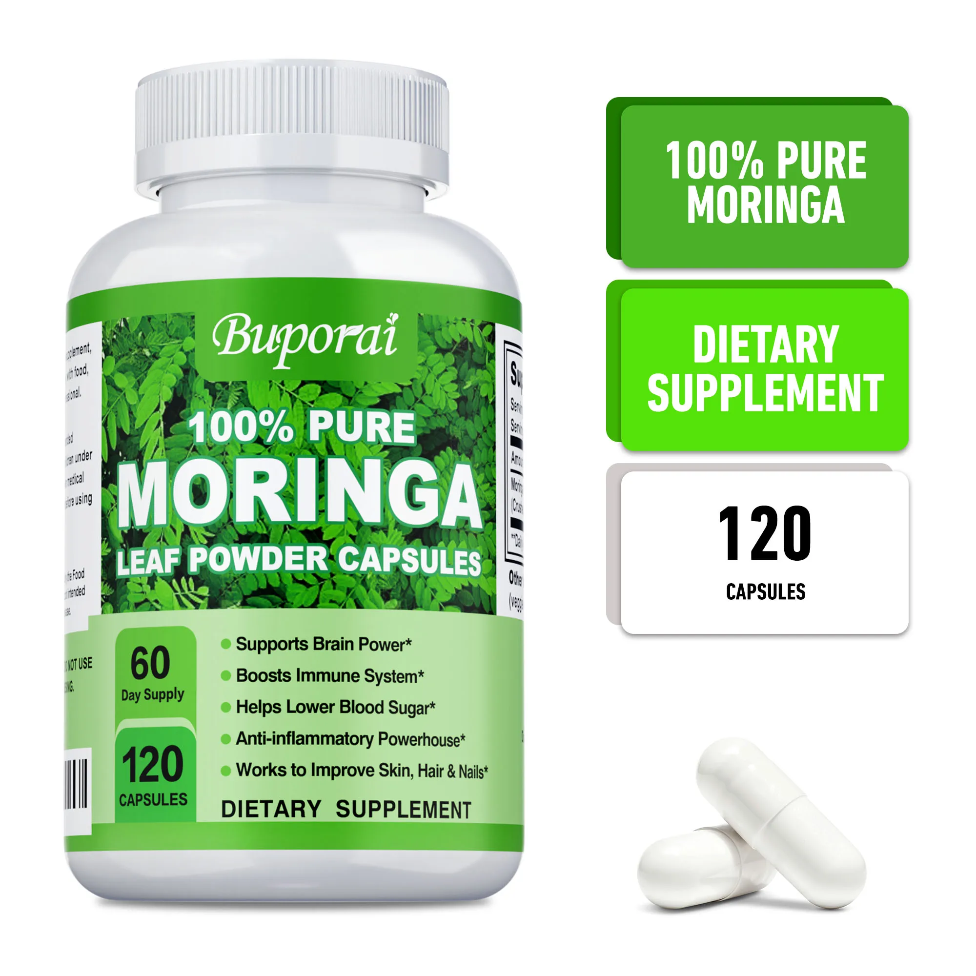 

Moringa Capsules 1200mg - Helps Cleansing, Anti-inflammatory, Antioxidant, Immune System, Supports Energy and Brain Health
