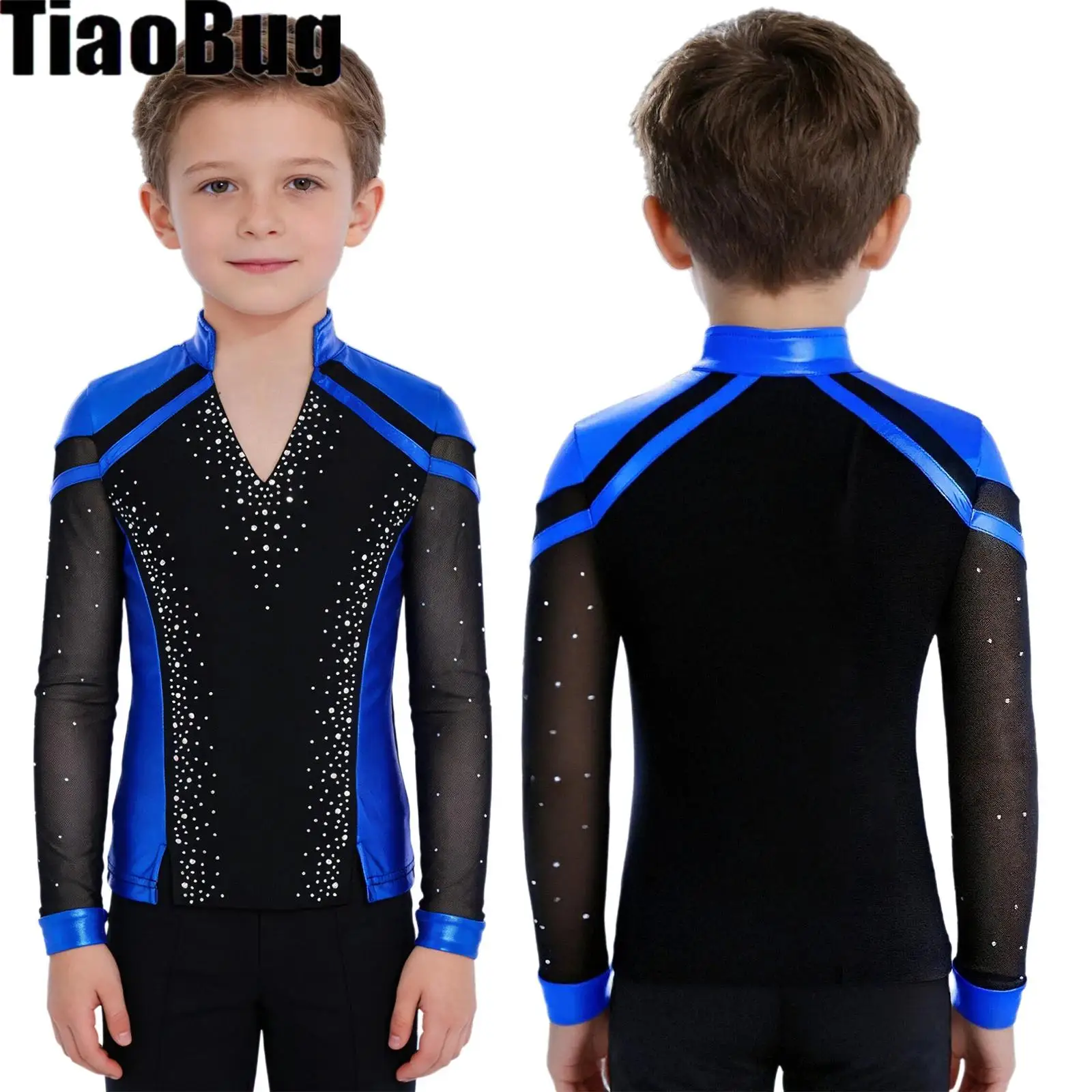 

Kids Boys Ballet Dance Top V-Neck Long Sleeve Split Hem Shiny Rhinestones Metallic Color Block Top for Competition Performance