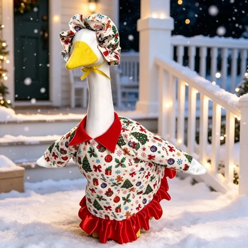 23 Inch Goose Christmas Long Dress with Red Trim Adjustable Tie Closure Holiday Porch Decor,Without Goose