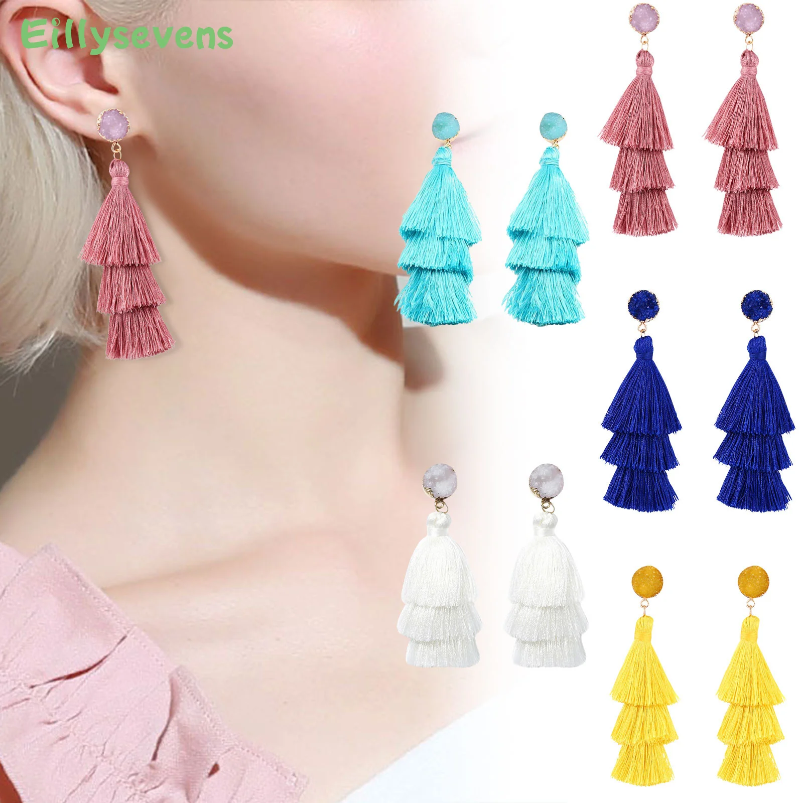 Bohemian 3 Layered Tassel Earrings For Women Ethnic Long Fringe Multi color Statement Dangle Earring GirlsFashion Jewelry