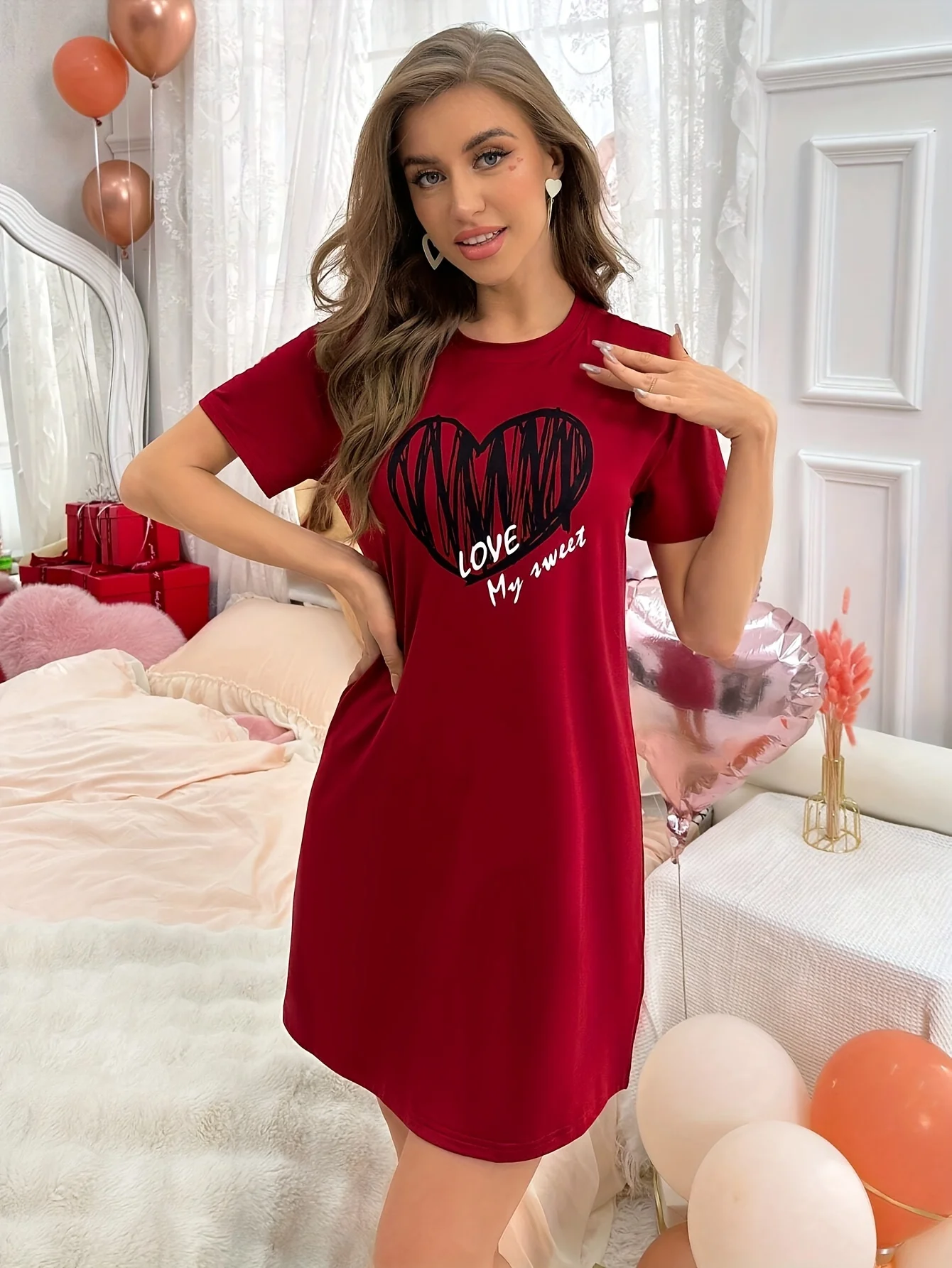 

Женское платье-футболка с рисунком Red Heart & Love My Aunt больших размеров, повседневное дышащее платье средней длины с короткими рукавами и круглым вырезом