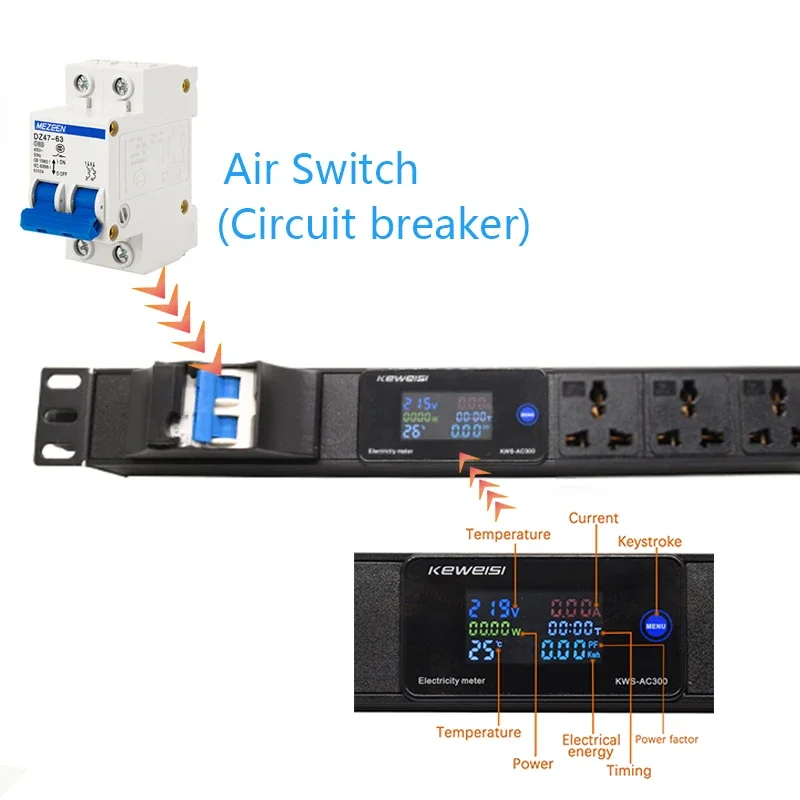 Imagem -02 - Cabinet Rack Pdu Unidade de Distribuição de Faixa de Energia Instrumento de Medição de Tensão Digital 210 Maneiras Tomadas Universais sem Linha