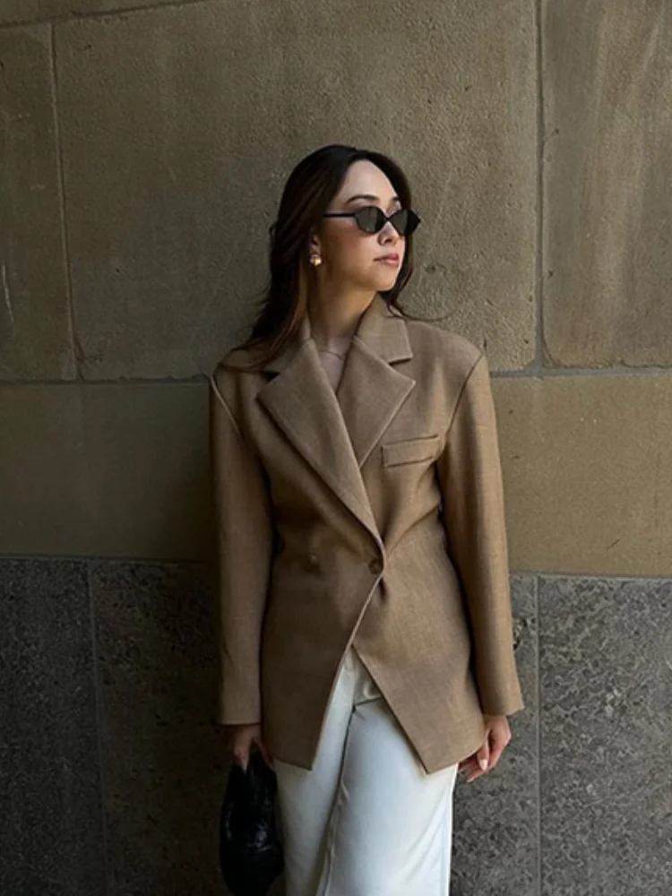 Fashion Khaki Lapel Blazer Coat For Women Oversized Double Button Long Sleeves Short Jacket 2024 Autumn Office Female Outwear