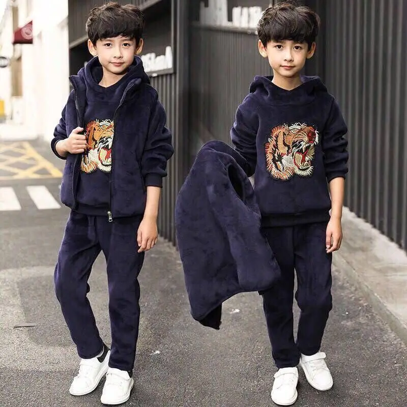 3Pcs Suits Winter Keep Warm Boys Clothing Set Cartoon Phoenix Tiger Pattern Lining Plush Heavy Shirt+Vest+Pants Child Outfit