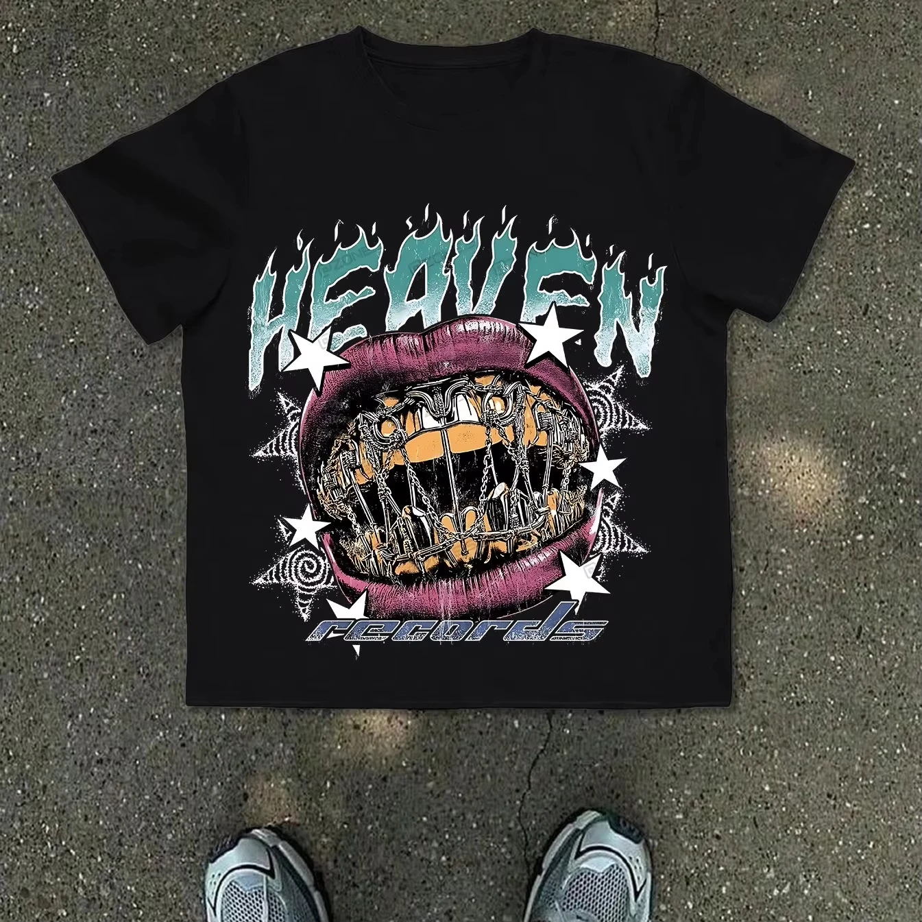 Men's Futurism T-Shirt with HEAVEN Print & Purple Lips/Metal Teeth Graphics - White Crew Neck Short Sleeve Casual Summer Tee