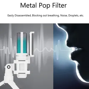 ZALSound USB Condenser Recording White Microphone RGB Streaming Mic for PC and MAC with Android Phone Adapter Headphone output 8 Main Sales White Microphone - №4