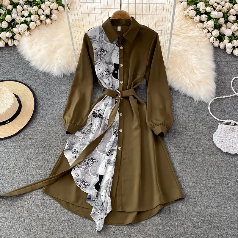 Retro Koreaanse Sle Lente Herfst Hoge Taille Belted Slim Fit Midi Lengte Asymmetrisch Patchwork Lange Sve irt Dr