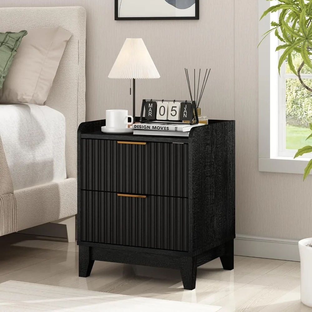 

Recessed Bedside Table with Charging Station, Modern Bedside Table with 2 Drawers, Farmhouse-style Wooden Side Table