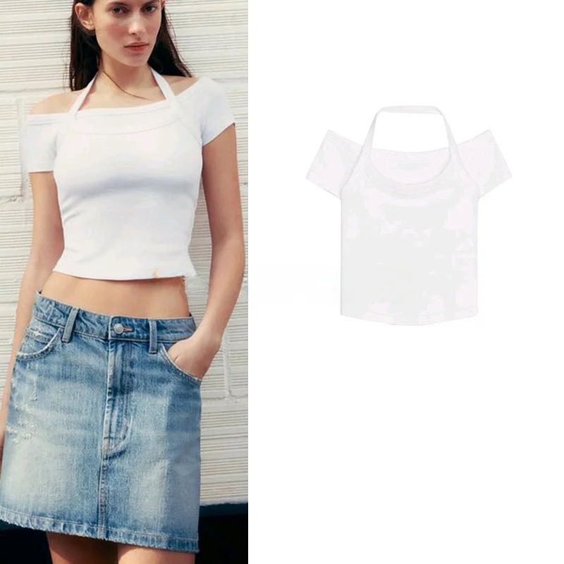 

Spring Summer New Women's Faion Simple Mixed Cotton Double Layer Design Boat Ne ort Sve ort Top ZA 474334