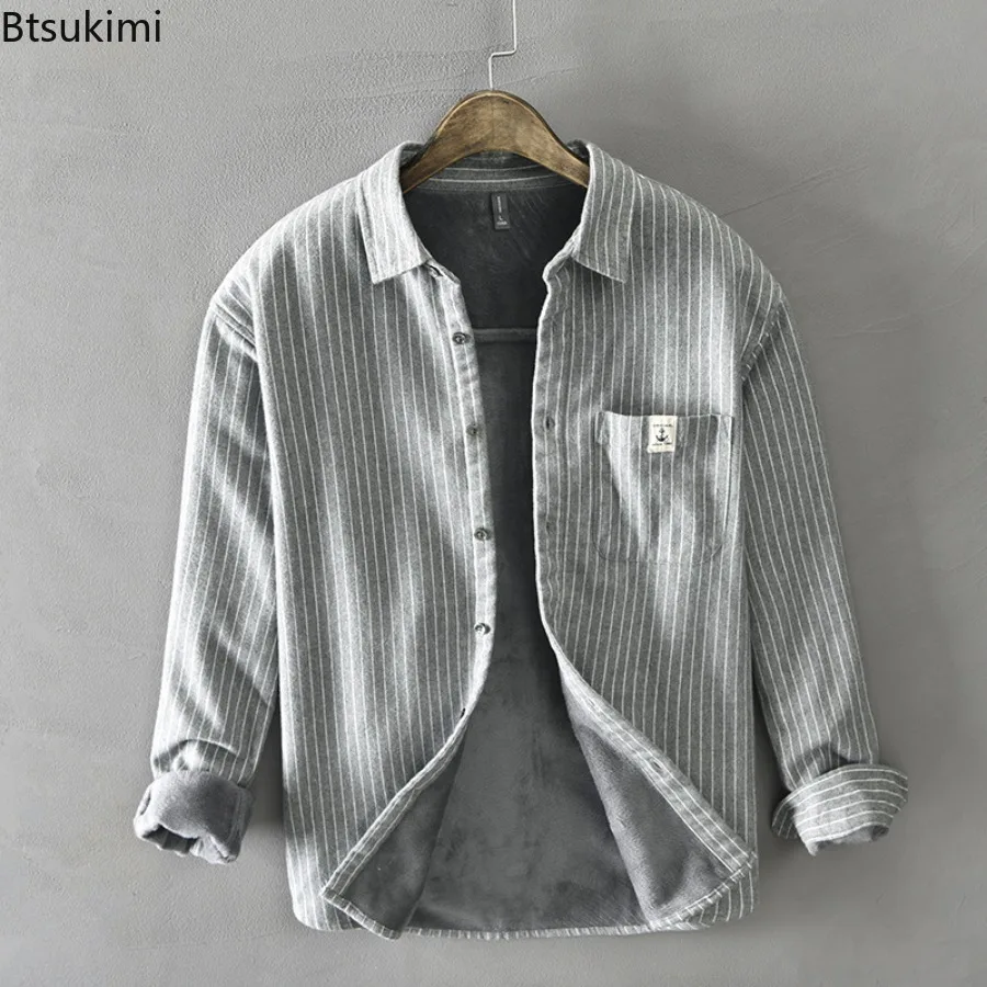 100% Cotton Long Sleeve Shirts for Men Autumn Winter Fleece Liner Thicker Warm Shirts Classic Striped Men Business Casual Shirts