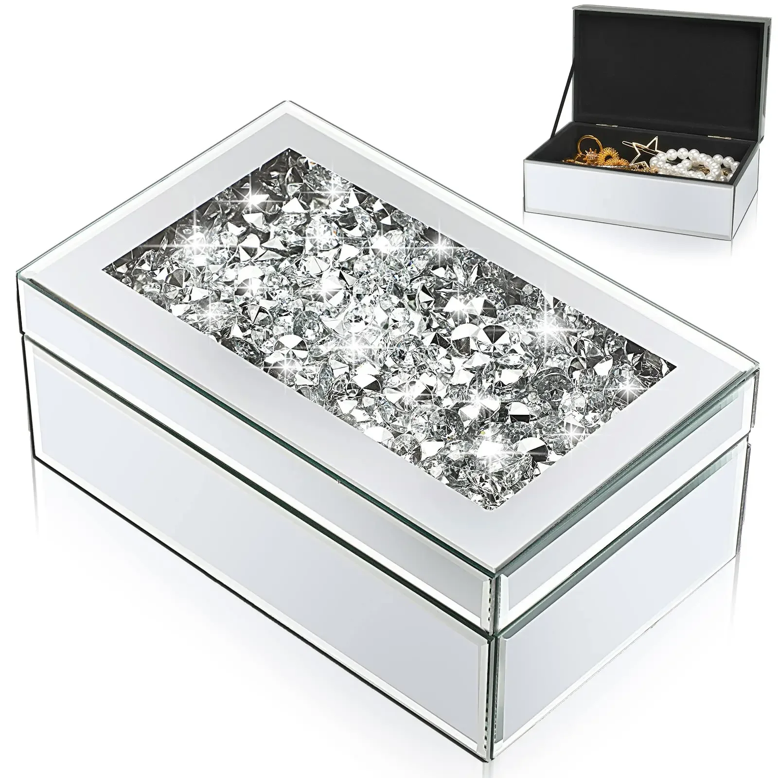 Luxury Crystal Glass Mirrored Jewelry Box Trinkets Watch Case Storage Box Jewelry Display Containers Ring Earring Organizer Box
