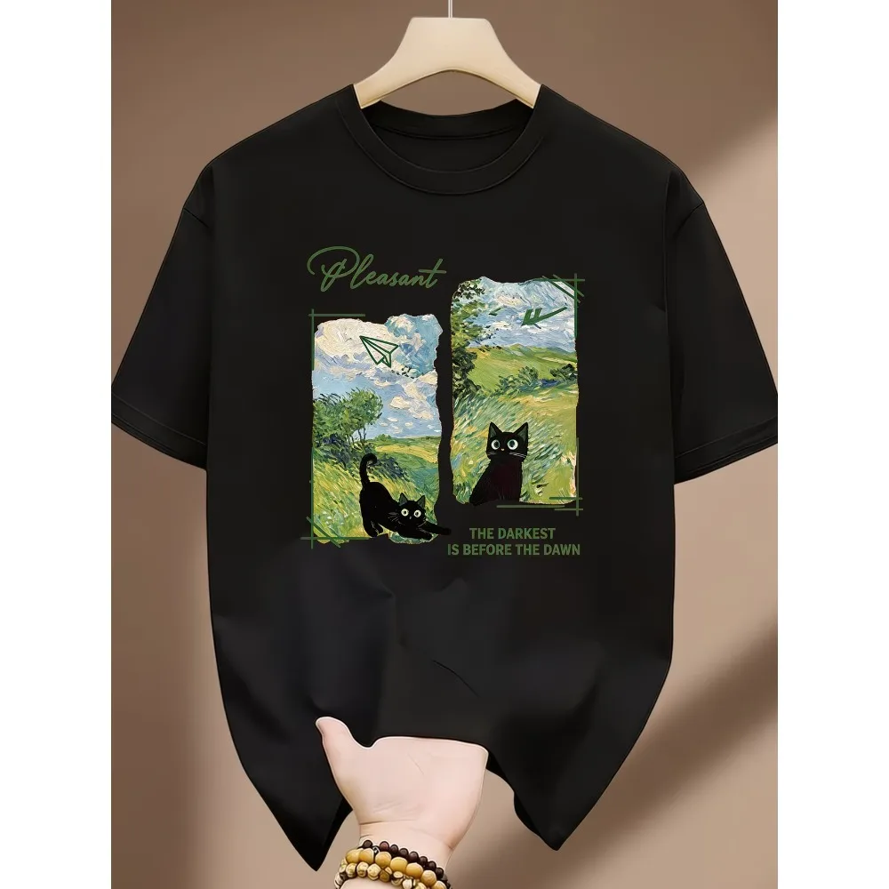 Vintage Oil Painting Landscape Cat T-Shirt Women Aesthetic Nature Graphic Tee Short Sleeve Summer Top Artistic Countryside Style