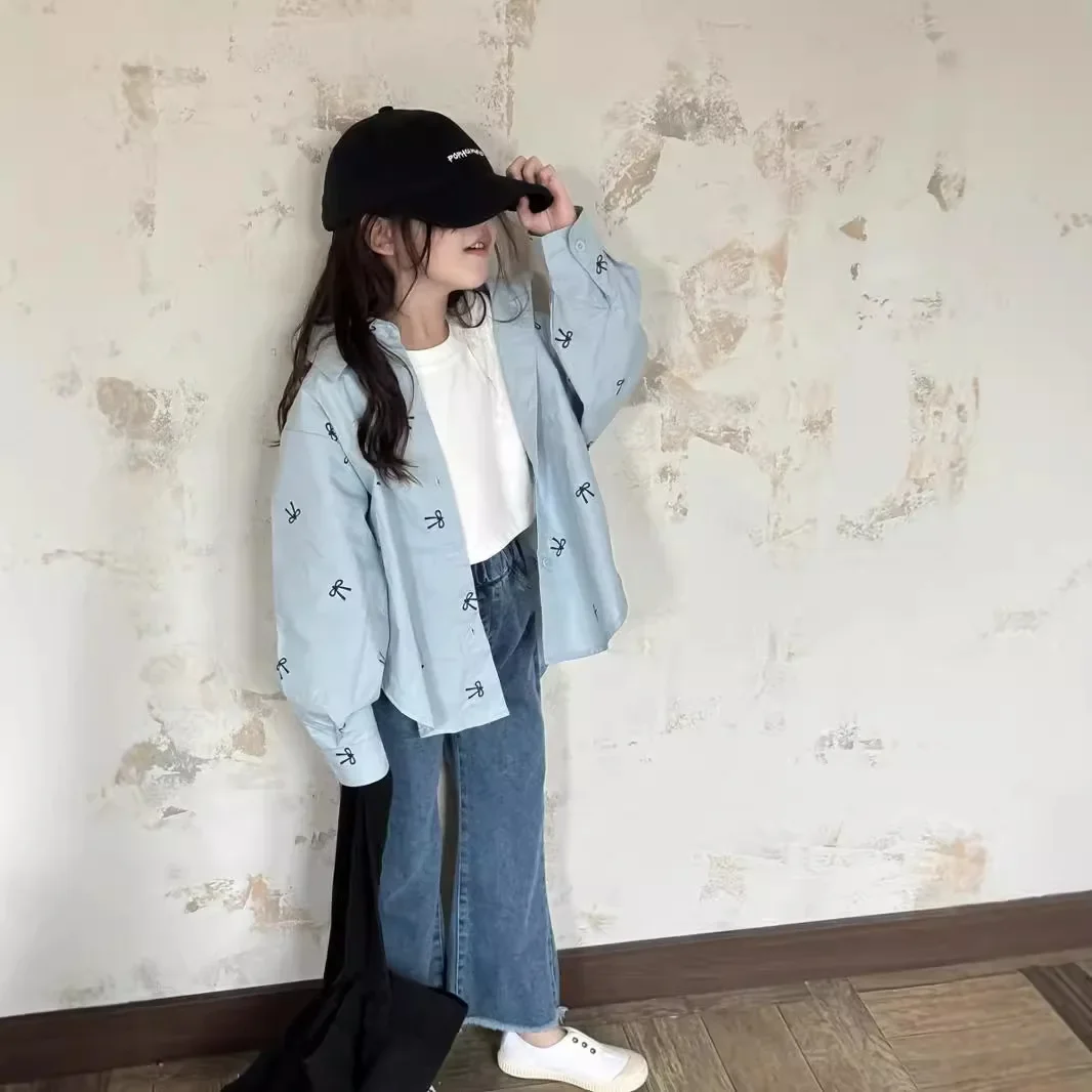 Children Clothing Girls Autumn Korean Style 2024 New Fashionable Kids Sweet Denim Micro-cropped Pants Pocket Flare Pants