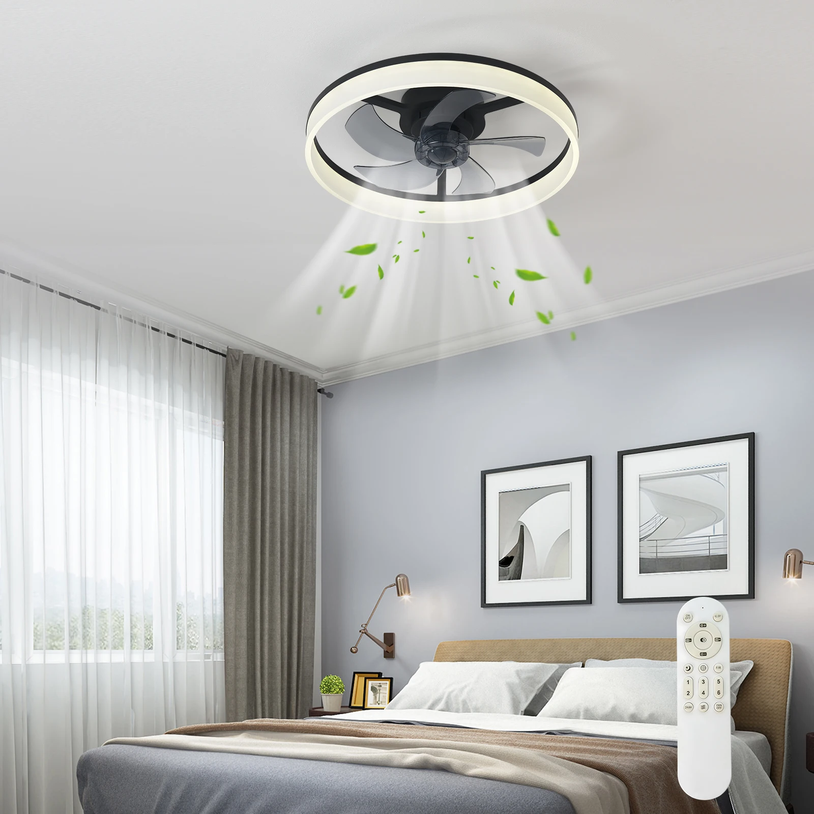 19.7-inch Ceiling Fan With Light, Slim Design, Semi-embedded, 6-speed Adjustable Wind, 3-color Dimmable, Remote Control Included, Suitable For Kitchen, Living Room, Dining Room, And Bedroom