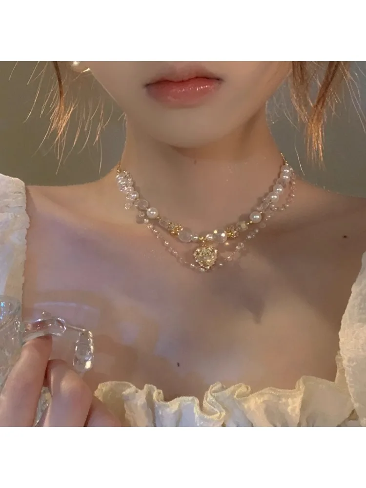 Light luxury double-layer pearl crystal love necklace, summer high-end exquisite collarbone chain for women