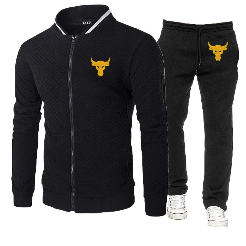 Dwayne Johnson Brahma Bull Tattoo Logo Print Spring Autumn Mens  Popular Round Neck Jacket Sportswear+Sweatpants Slim Sports Set