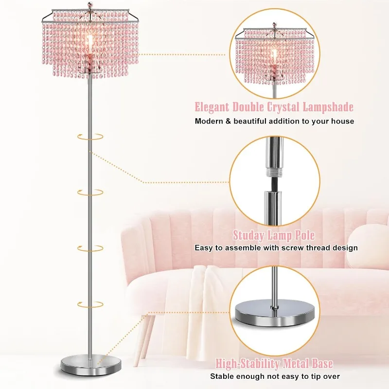 Kristallen Vloerlamp, 64 "Hoge Moderne Staande Lampen Met Dubbellaagse Lampenkap, Roze Paallamp